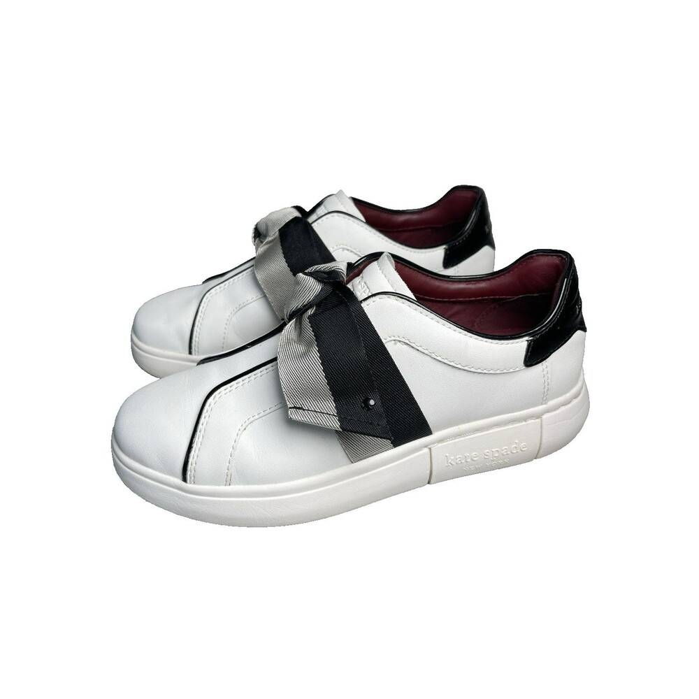 Kate Spade New York Lexi White Leather Black Bow Sneakers Slip On Casual 6.5 B